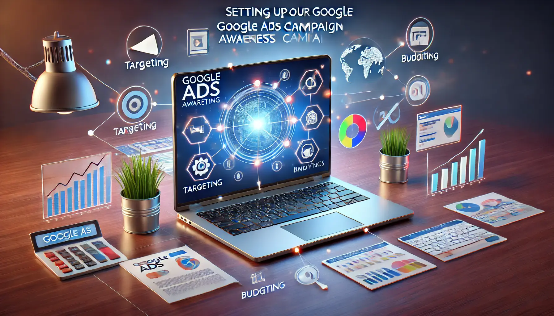 A laptop displaying the Google Ads interface, surrounded by icons for targeting, budgeting, and analytics, with a digital globe and interconnected lines symbolizing global audience reach.