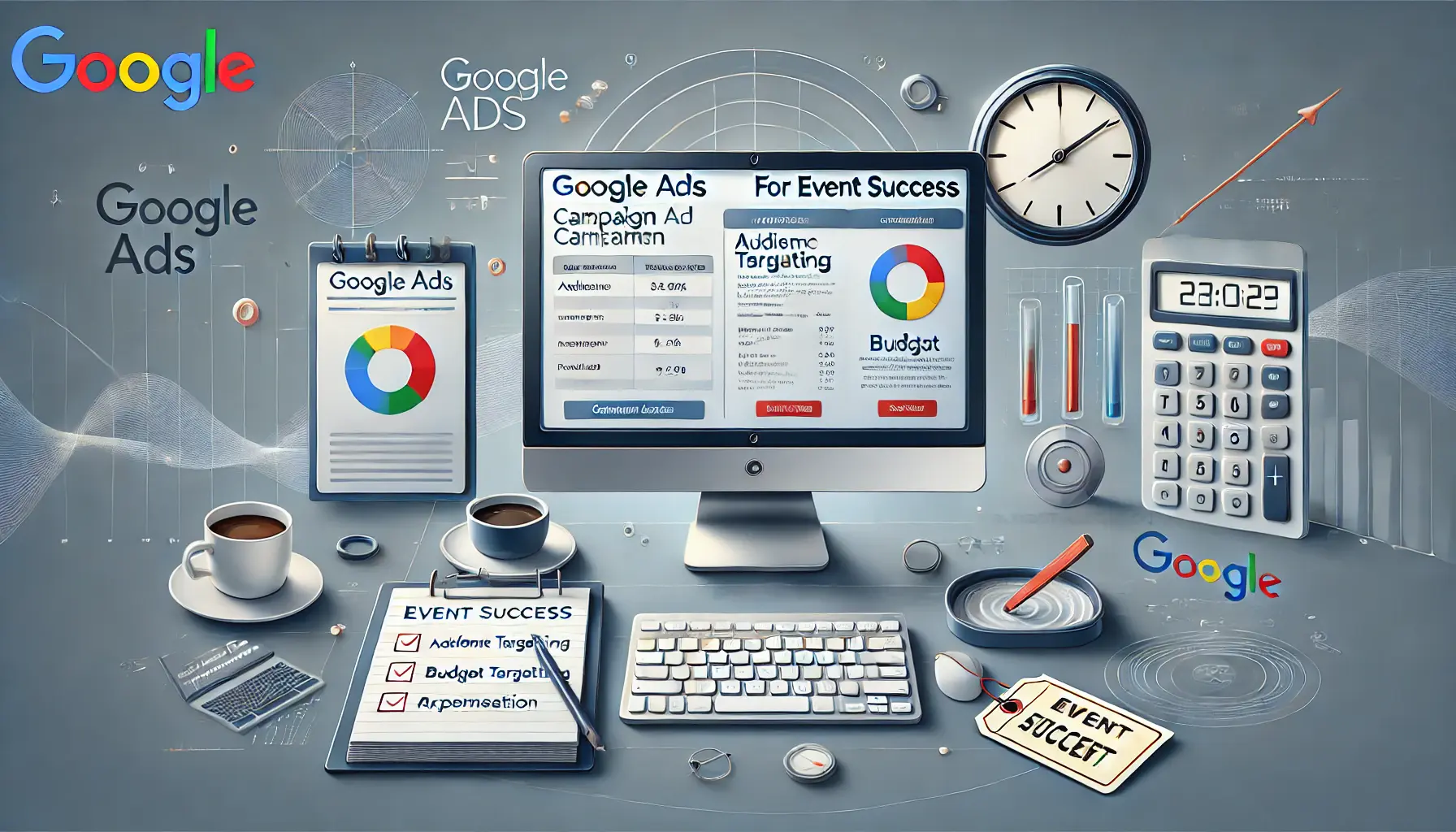 A visual representation of setting up a Google Ads campaign for event success, showing a computer screen with campaign setup options and event-related elements.