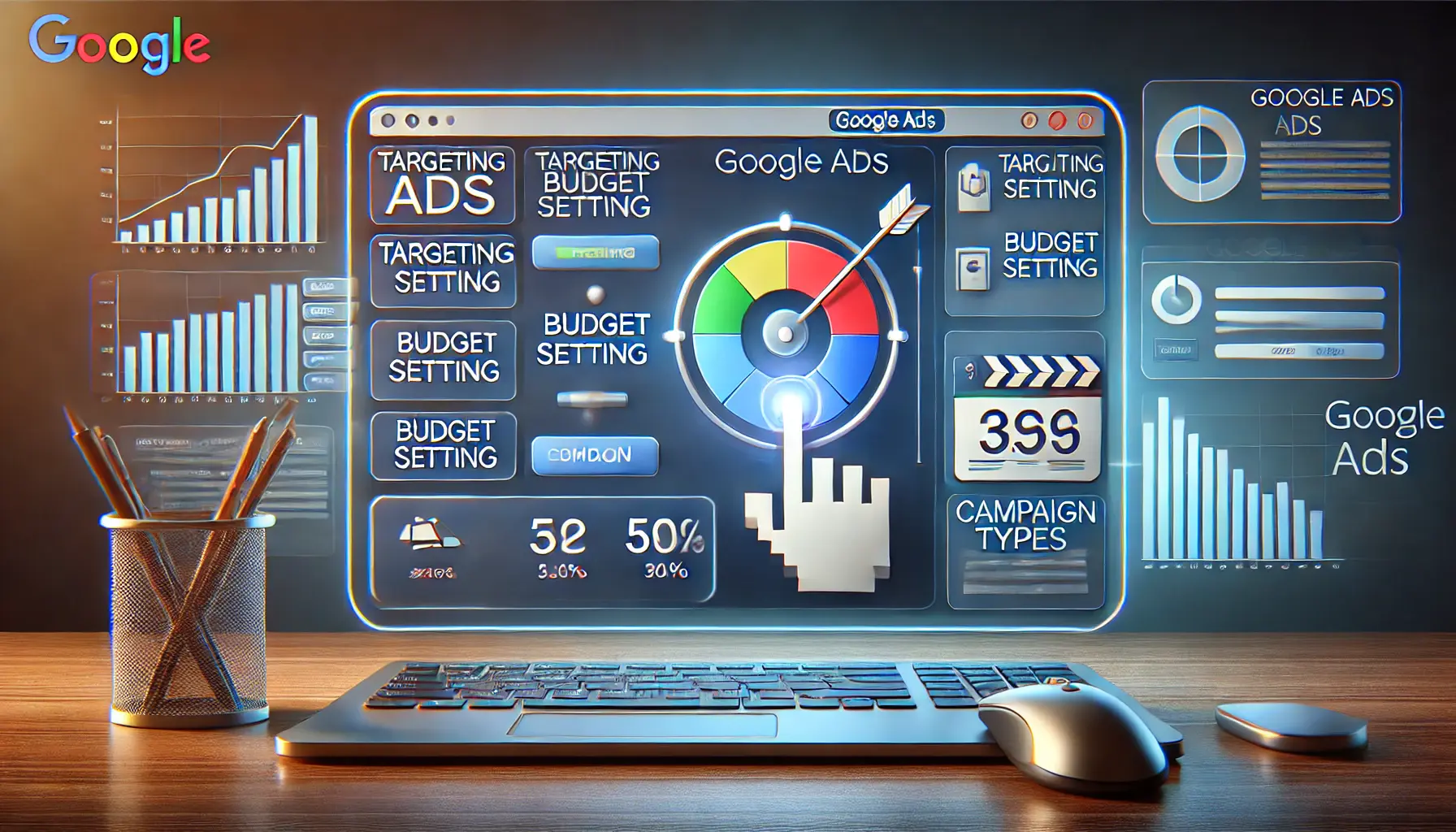 An illustration of setting up a Google Ads campaign, featuring a digital dashboard interface with tools for targeting, budgeting, and campaign selection.