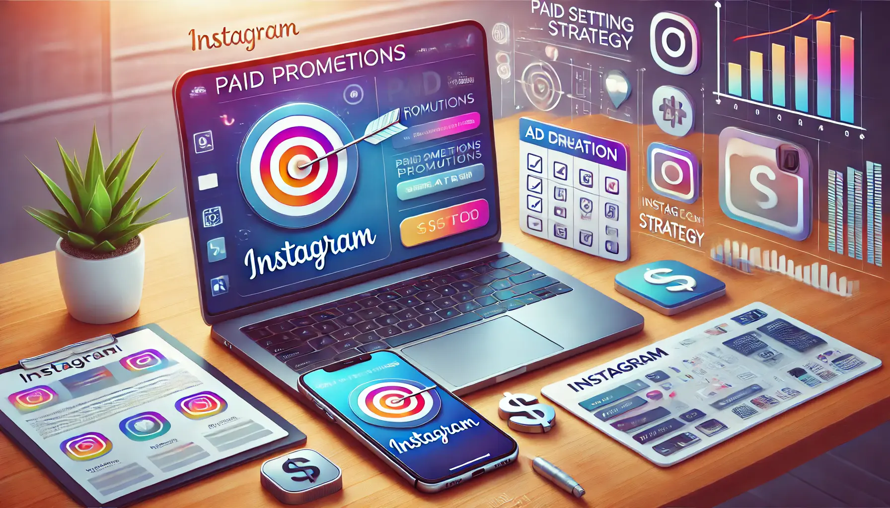 Illustration of a laptop and smartphone on a desk displaying Instagram's ad creation interface, surrounded by icons like a target, a checklist, and a dollar sign, symbolizing strategic ad setup.