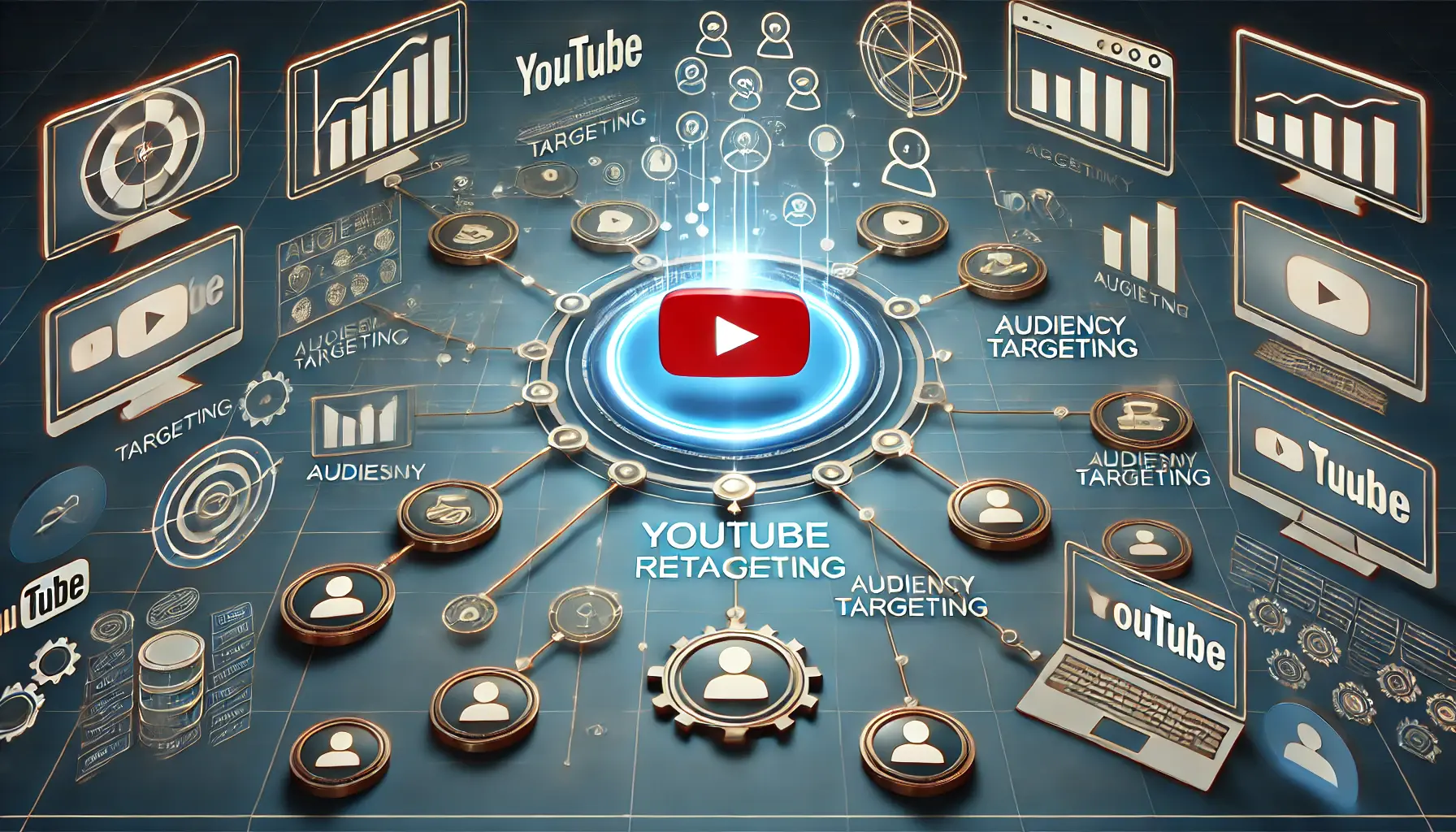 A visually engaging illustration of setting up a YouTube retargeting campaign, featuring dashboards, targeting icons, and a glowing YouTube play button with data flow elements.