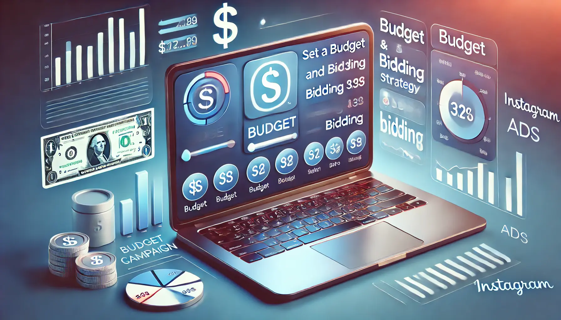 Illustration of a laptop displaying an ad campaign dashboard with budget sliders and bidding options, surrounded by dollar signs, pie charts, and bar graphs.