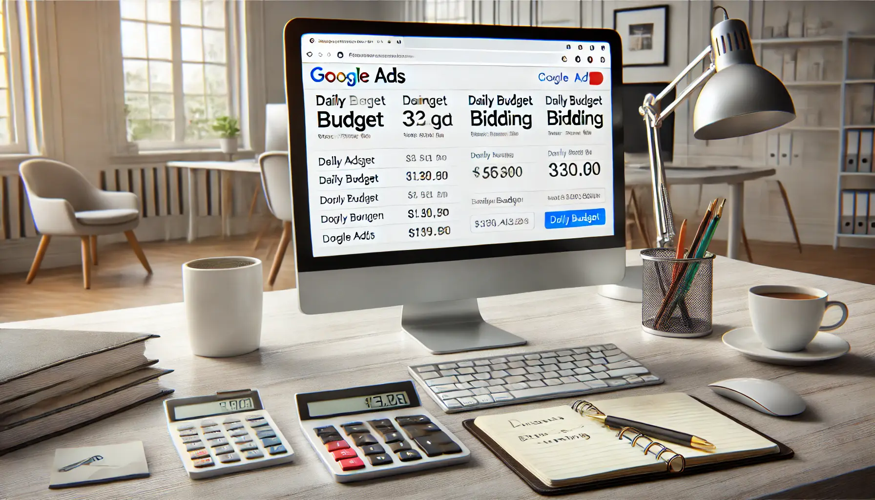 A professional workspace with a computer displaying the Google Ads budget and bidding interface. The desk includes a calculator, notebook with financial notes, pen, and a coffee cup, set in a bright office environment.