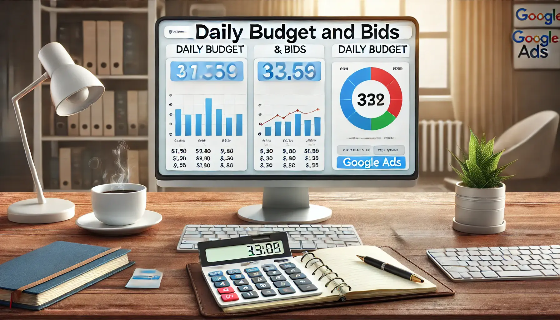 A modern workspace with a computer screen showing Google Ads budget and bid settings, accompanied by a calculator, cup of coffee, notebook, and pen.