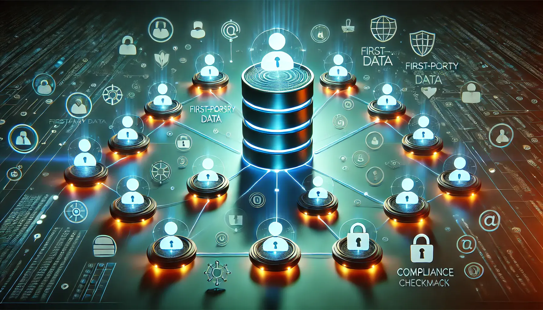 A glowing network of user icons connected to a secure central database, surrounded by privacy symbols like locks and shields, symbolizing first-party data strategies.