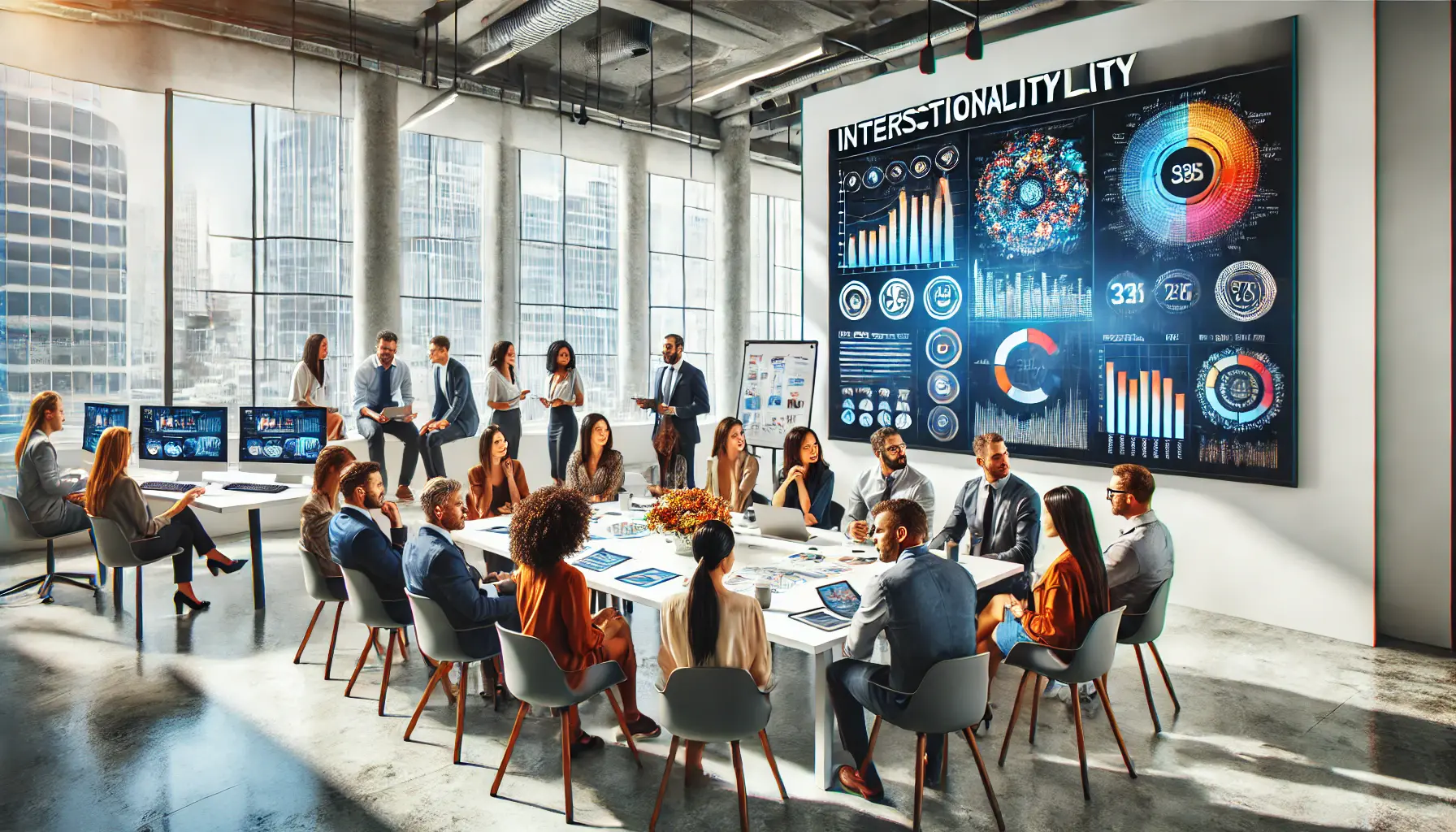 A diverse group of professionals discussing and planning intersectionality in advertising campaigns in a modern office.