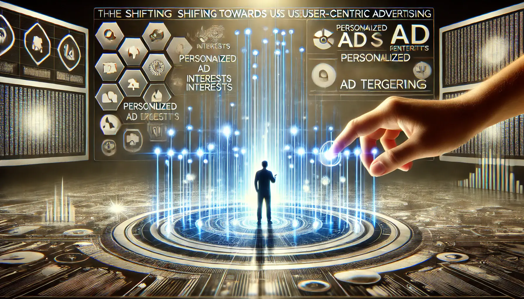 A conceptual visualization of user-centric advertising, featuring a user interacting with a digital interface to adjust personalized ad preferences.