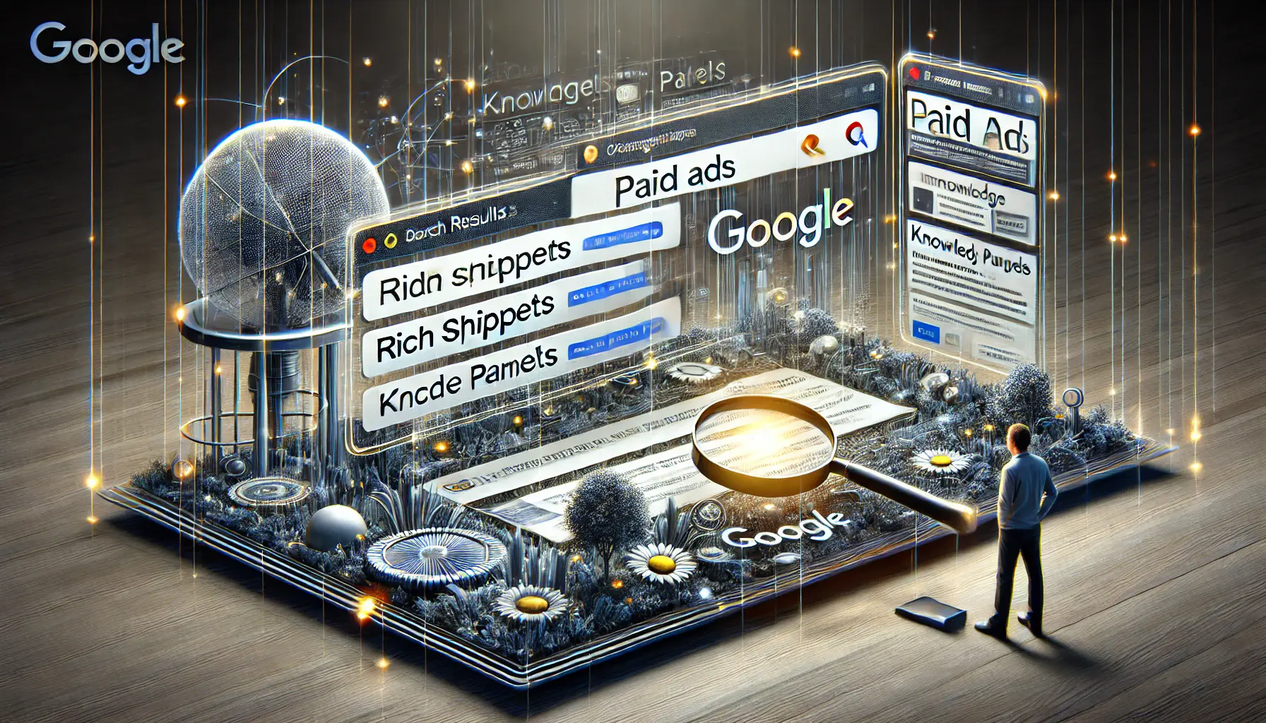 Depiction of shifting ad placement in Google's SERPs, showing paid ads competing with rich snippets and knowledge panels.