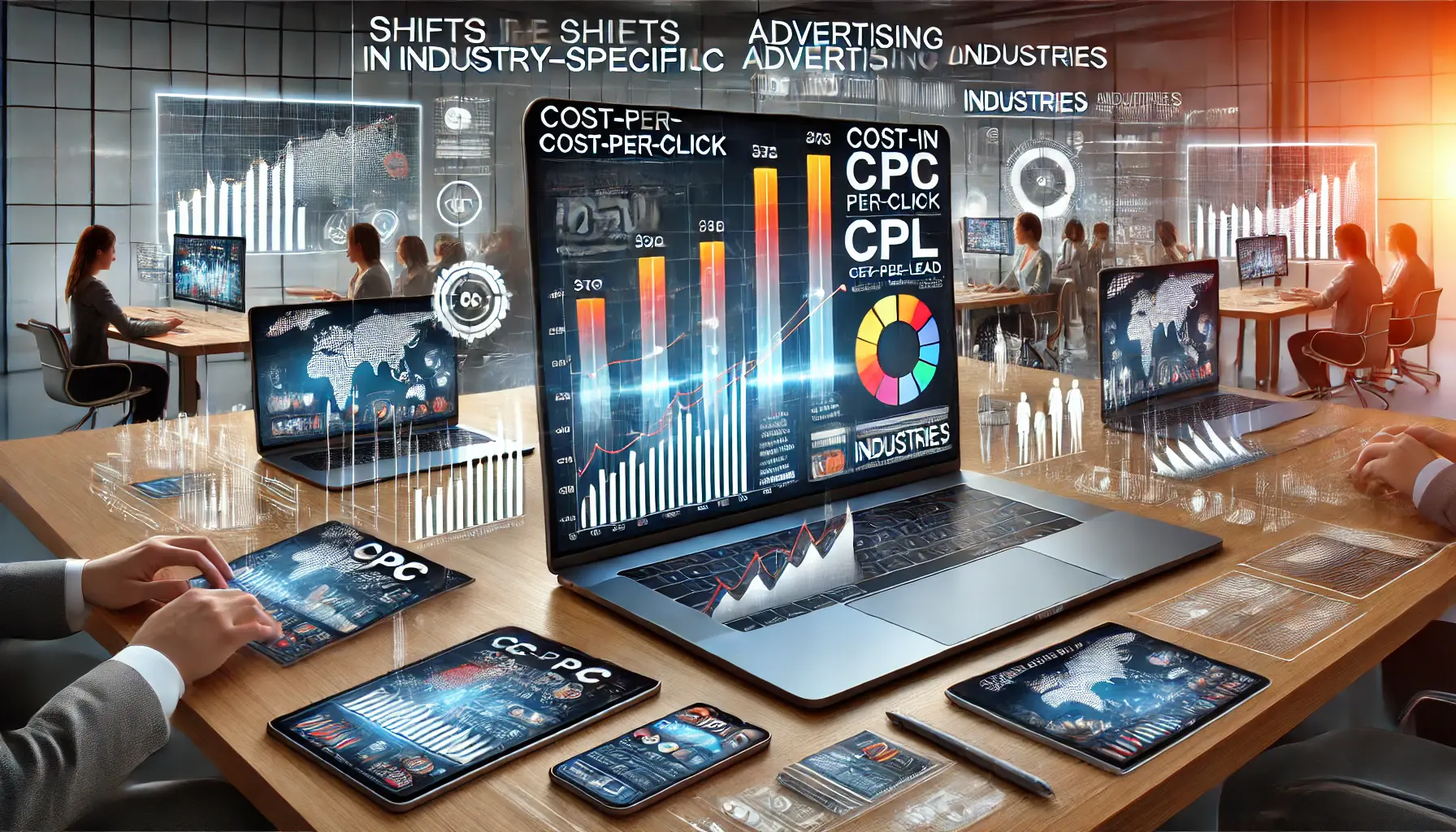 Visualization of shifts in industry-specific advertising costs with bar and line graphs showing CPC and CPL variations.