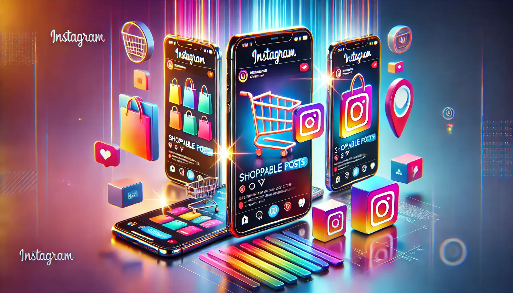 A vibrant depiction of Instagram's e-commerce feature, showcasing a shopping tag on a product within an Instagram-style feed.