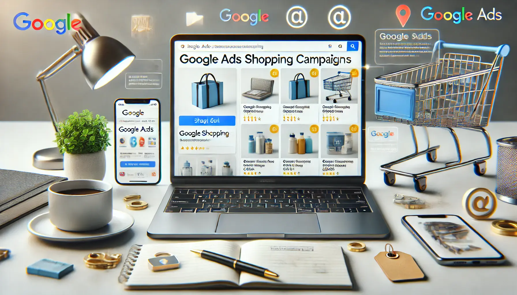 A laptop displaying a Google Shopping product listing, surrounded by digital icons representing e-commerce and retail.