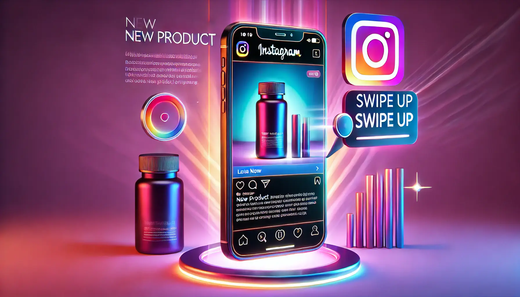 An Instagram story featuring a new product display with a swipe-up icon leading to a product page, emphasizing marketing and engagement.