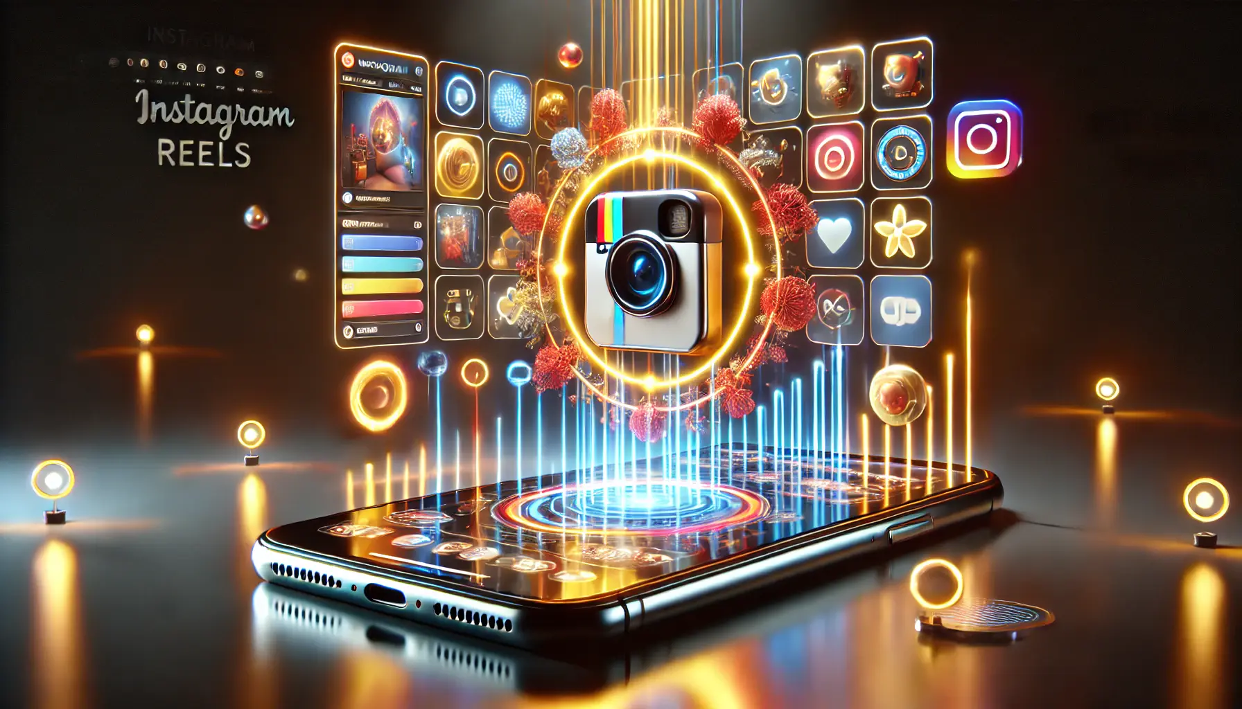 An image showing a smartphone displaying an Instagram Reel highlighting a product or service, surrounded by abstract visuals representing creativity and engagement.