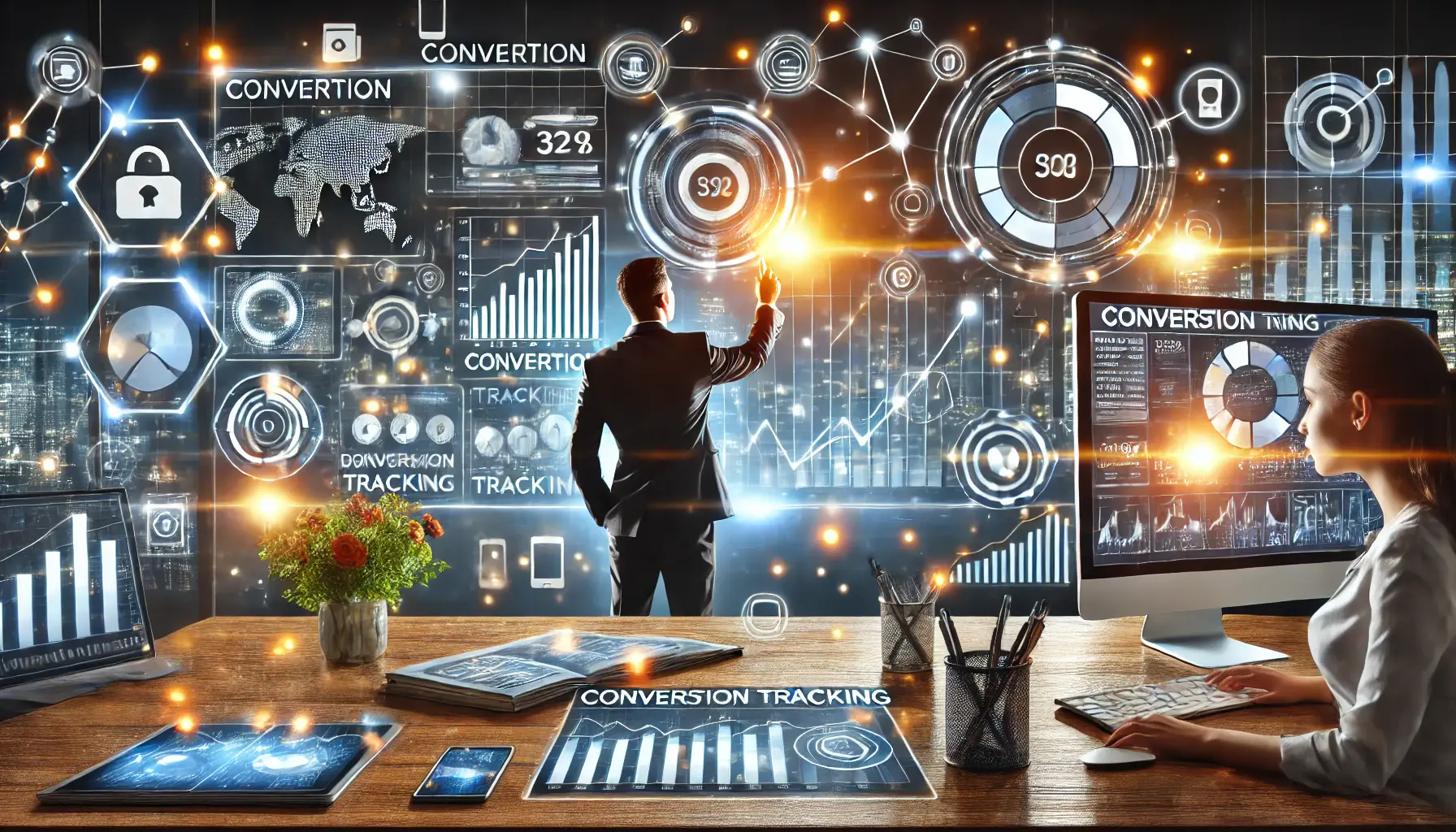 A professional depiction of a marketer analyzing performance metrics on a digital dashboard surrounded by data visualizations, highlighting the importance of conversion tracking.