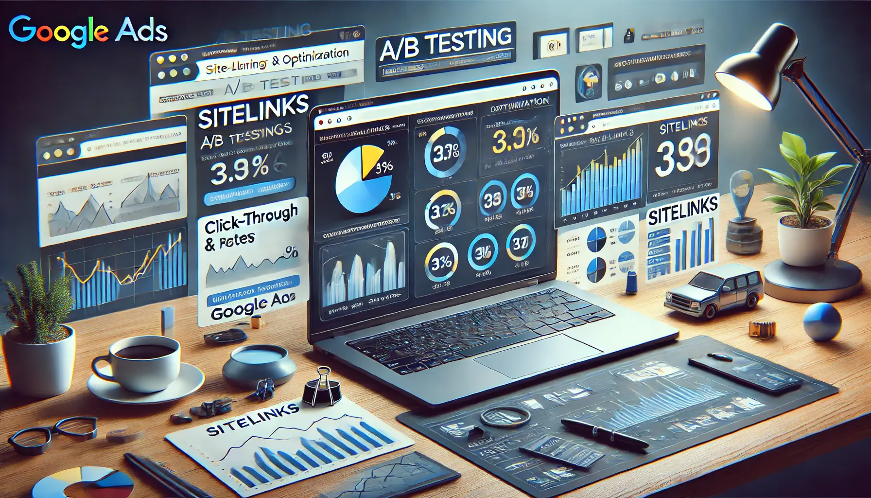 A Google Ads interface displaying A/B testing results for sitelinks with performance metrics like CTR and conversion rates.