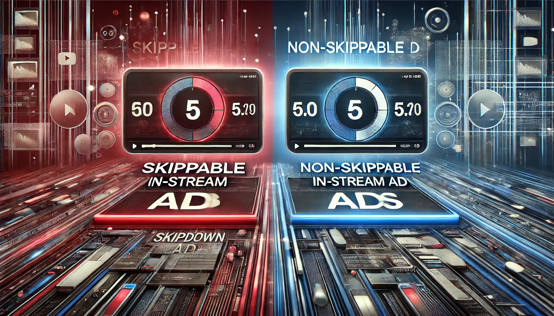 A side-by-side comparison of two video player interfaces: one showing a skippable ad with a countdown timer and the other with a non-skippable ad with a solid progress bar.