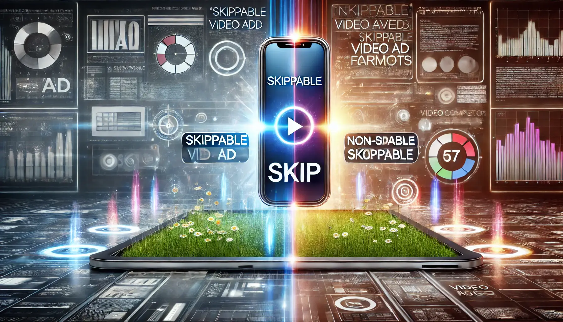 A comparison of skippable and non-skippable video ad formats displayed on two parallel screens with interactive elements.