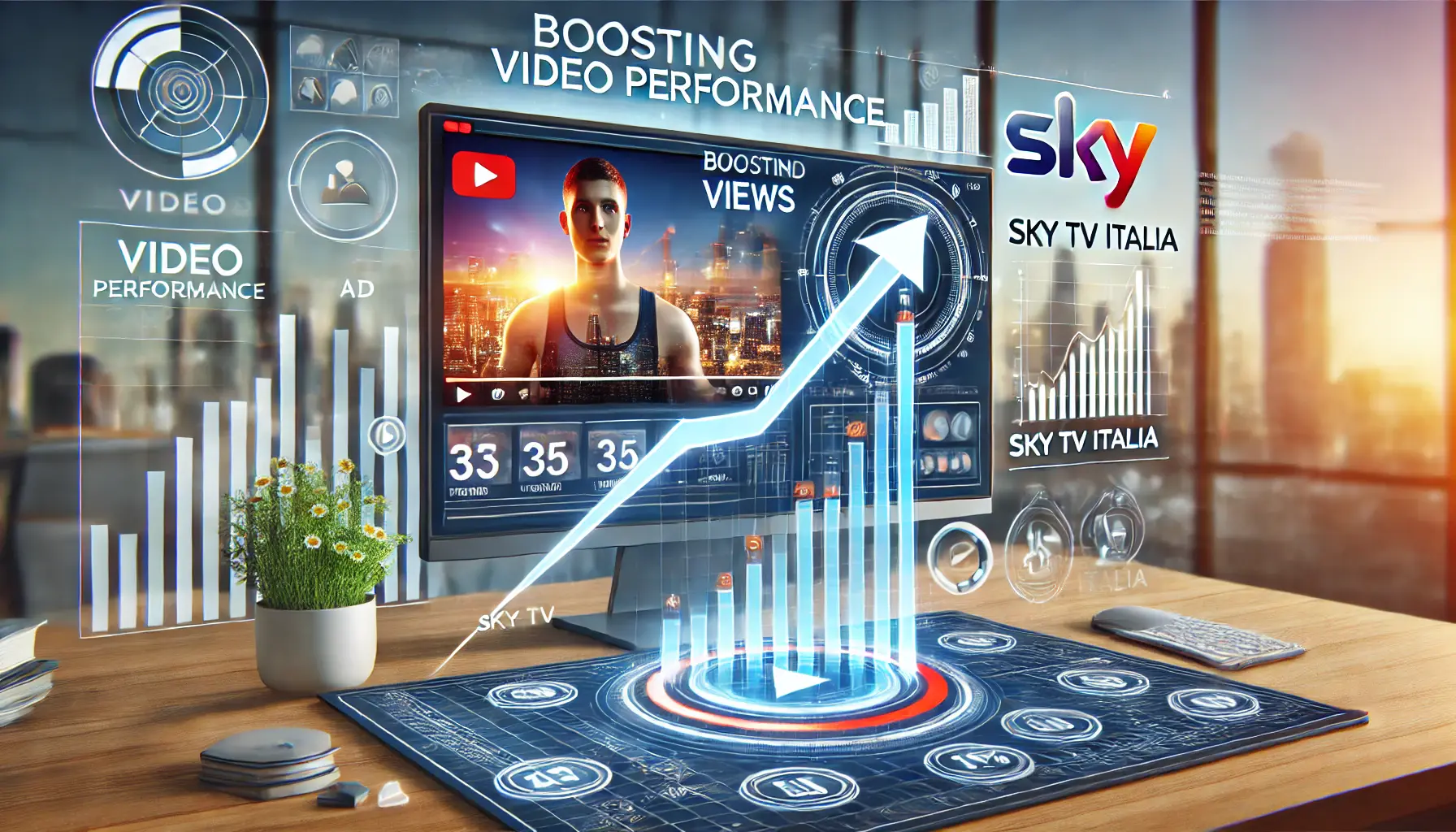 An illustration showing the process of boosting video performance for Sky TV Italia with video ad metrics, play buttons, and upward-trending graphs.