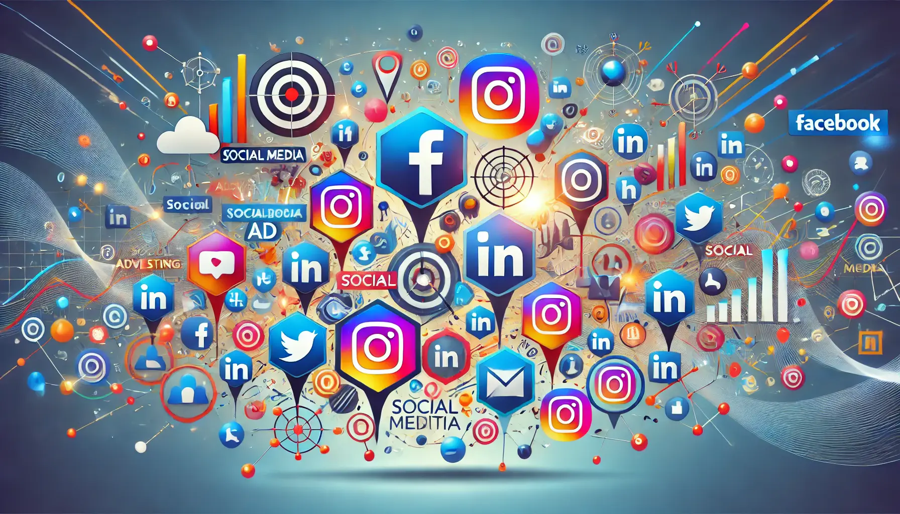 An abstract illustration showcasing social media advertising platforms with interconnected icons for Facebook, Instagram, LinkedIn, and Twitter, surrounded by user engagement and marketing elements.