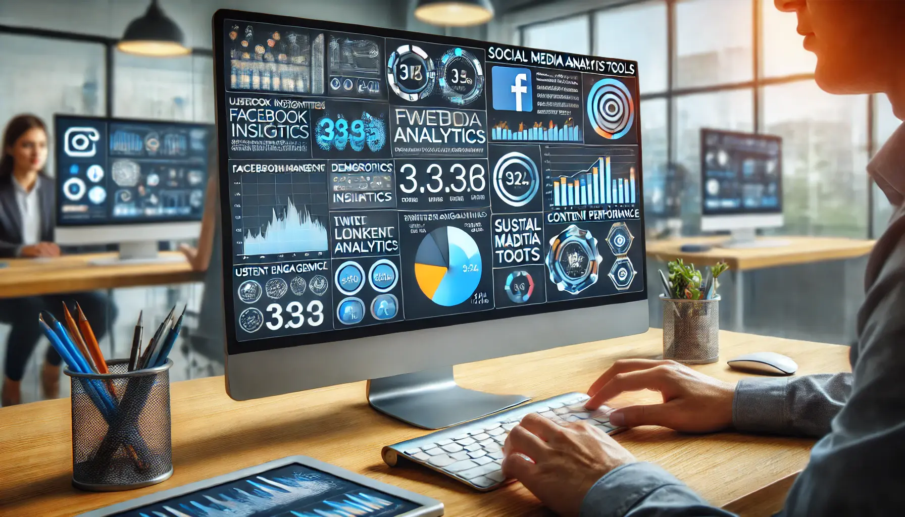 A digital marketer using social media analytics tools to analyze engagement, demographics, and content performance from platforms like Facebook Insights, Twitter Analytics, and LinkedIn Analytics in a modern office.