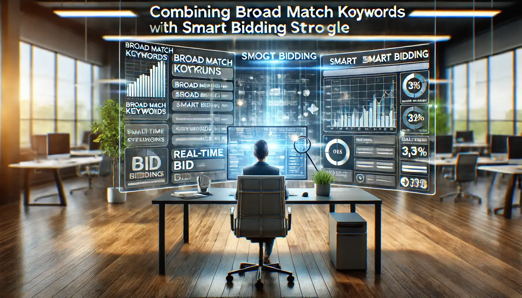 A digital workspace showing a marketer analyzing broad match keywords being optimized by Smart Bidding strategies in Google Ads.