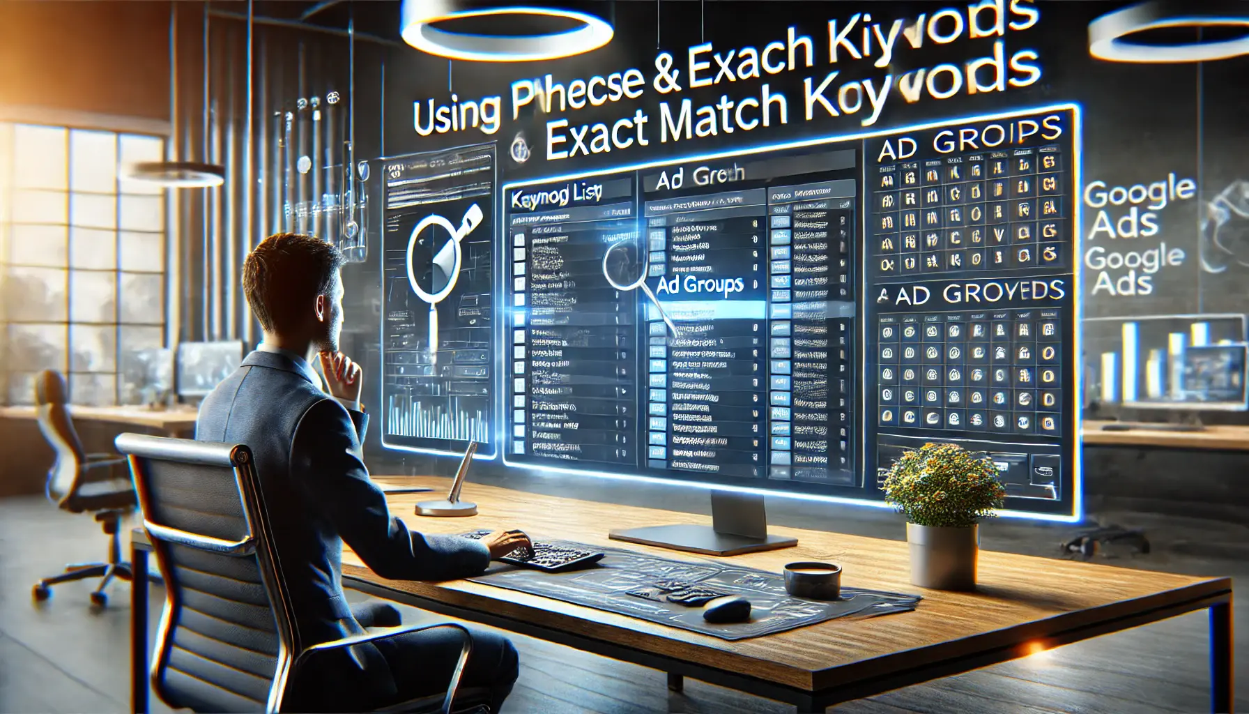 A digital workspace showing a marketer reviewing phrase and exact match keywords for precise targeting in Google Ads.