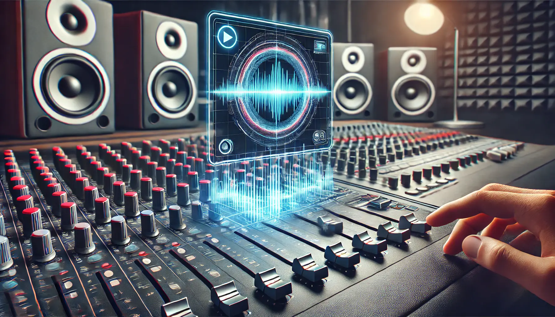 Realistic image of an audio mixing console with sound wave visualizations on a screen, symbolizing sound design optimization for YouTube ads.