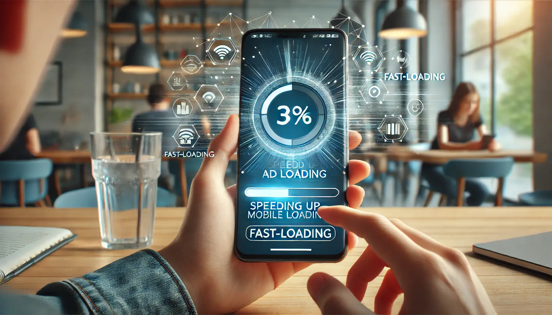 A smartphone displaying a loading screen with progress bars and network icons indicating fast ad loading.