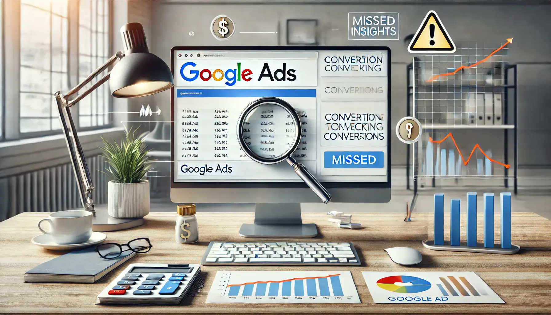 A computer screen showing a Google Ads campaign with incomplete conversion tracking data, surrounded by a magnifying glass, warning icon, and declining performance chart.