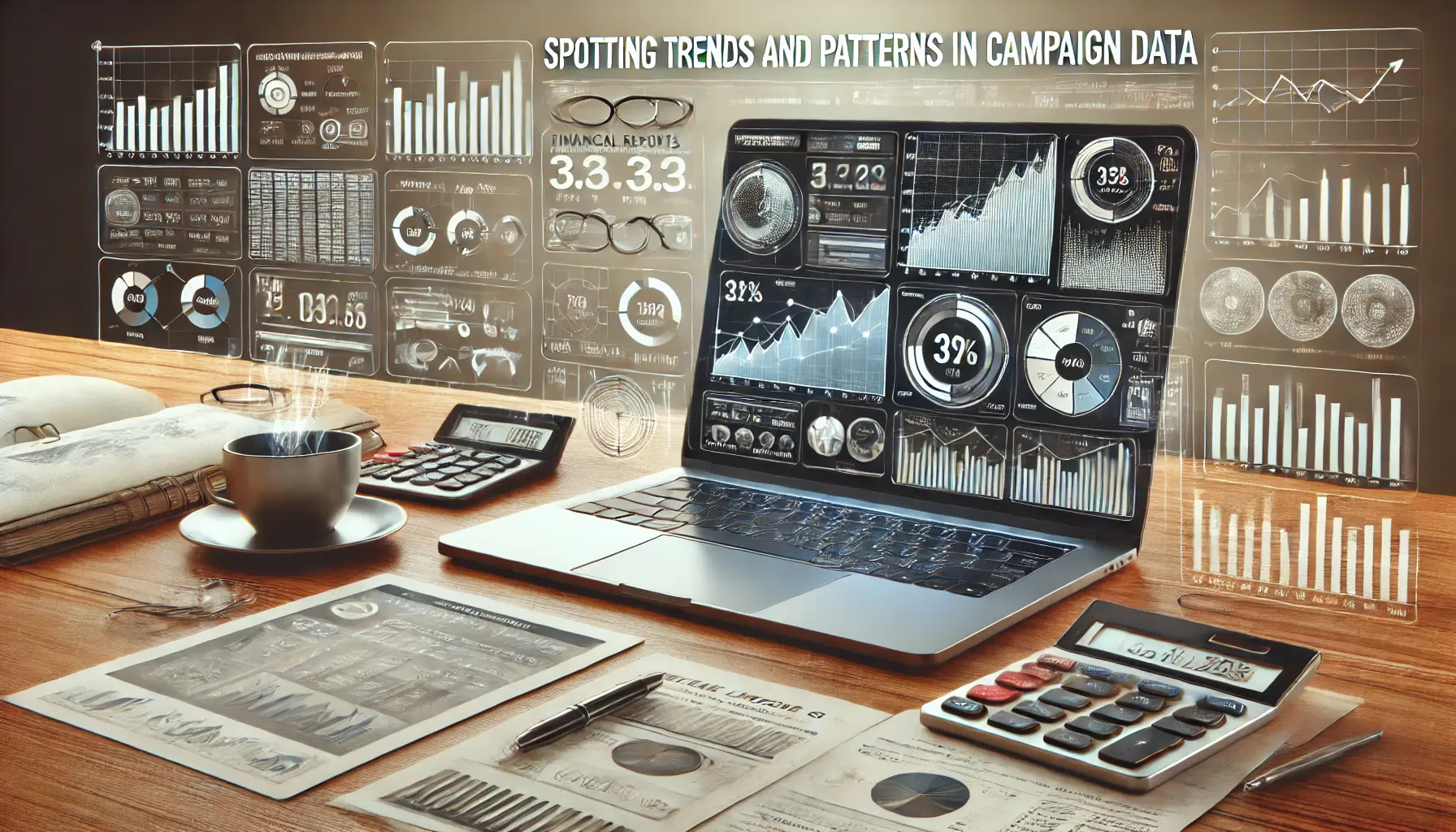 A modern workspace with a laptop displaying an analytics dashboard with trends and data visualizations, emphasizing the analysis of campaign data.