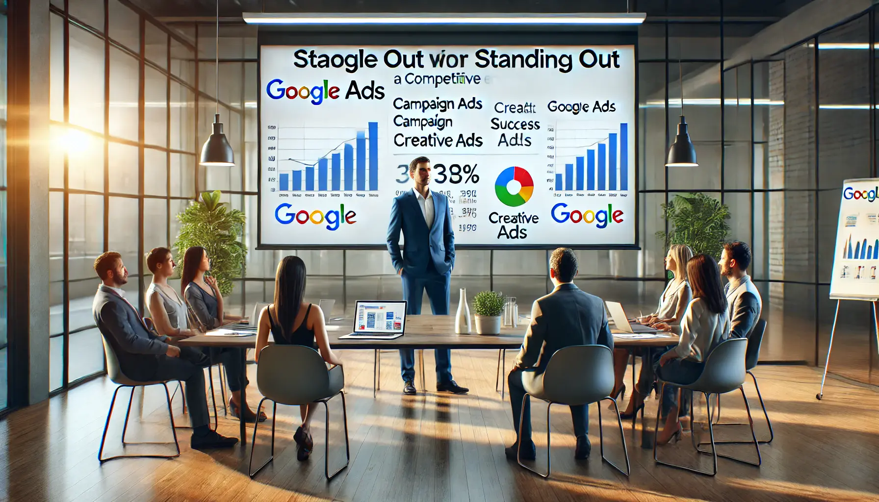 A Google Ads Specialist confidently presenting campaign results to colleagues in a modern office, with success metrics and ads displayed on a large screen.