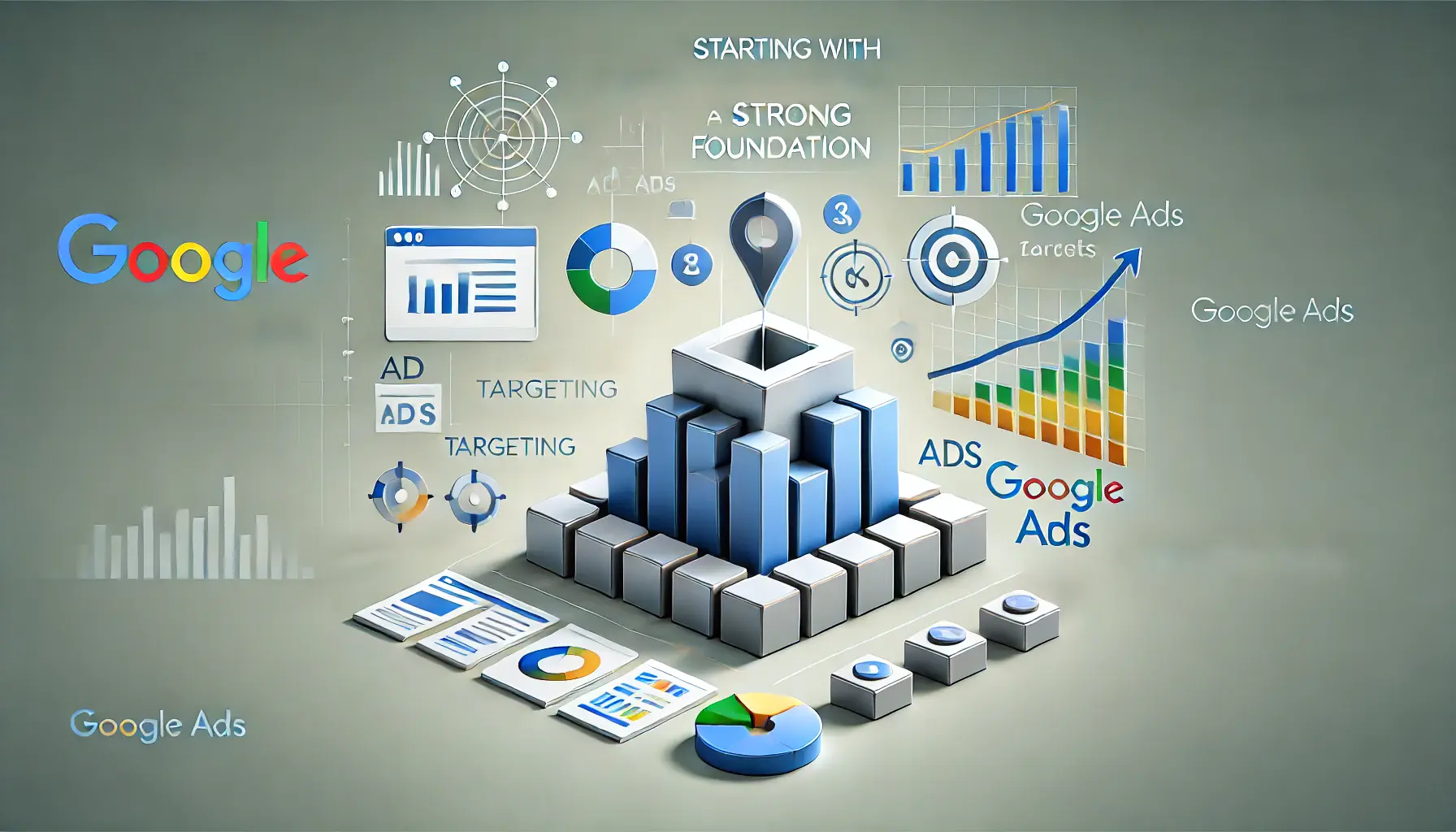 An illustration representing the concept of starting with a strong foundation for Google Ads, featuring building blocks, a digital dashboard, and campaign metrics.