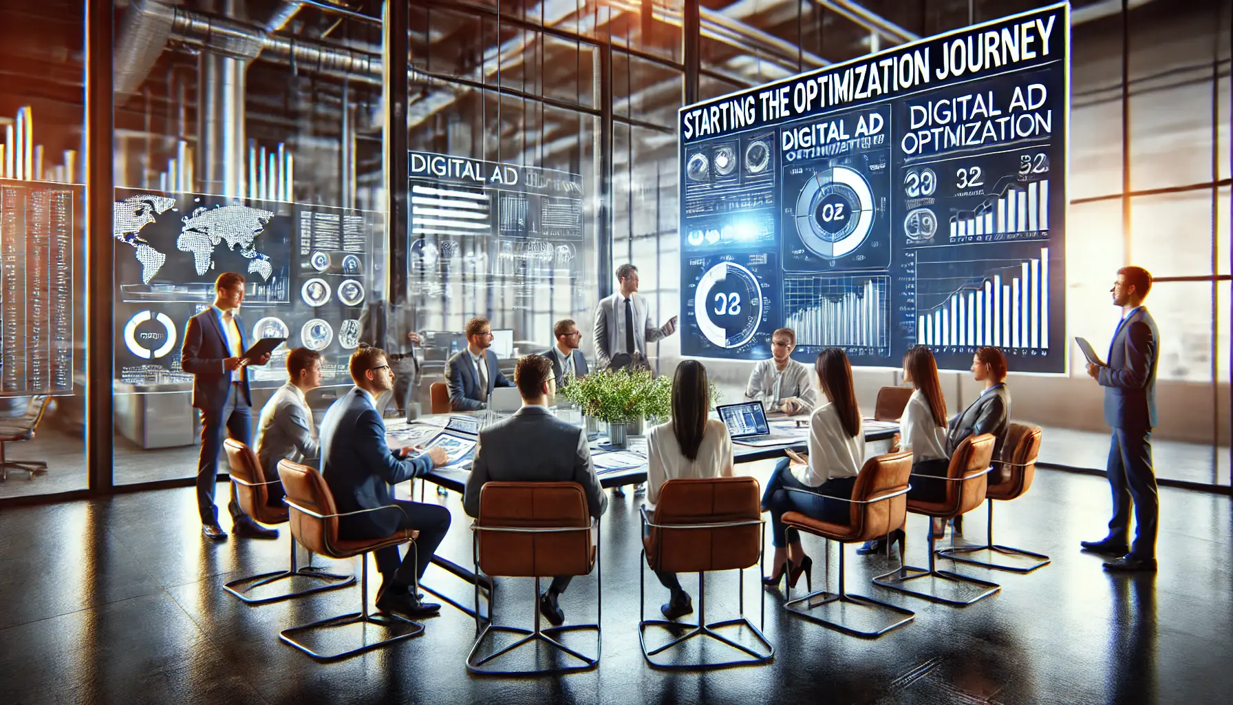 A digital marketing team in a modern office, gathered around a computer screen displaying an optimization dashboard, discussing next steps in their advertising strategy.