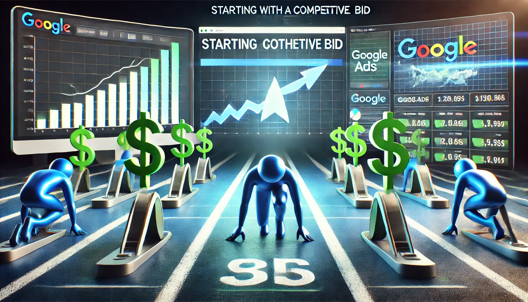 A symbolic depiction of competition with a race starting line and a digital Google Ads dashboard displaying bid metrics, representing the concept of starting with a competitive bid.