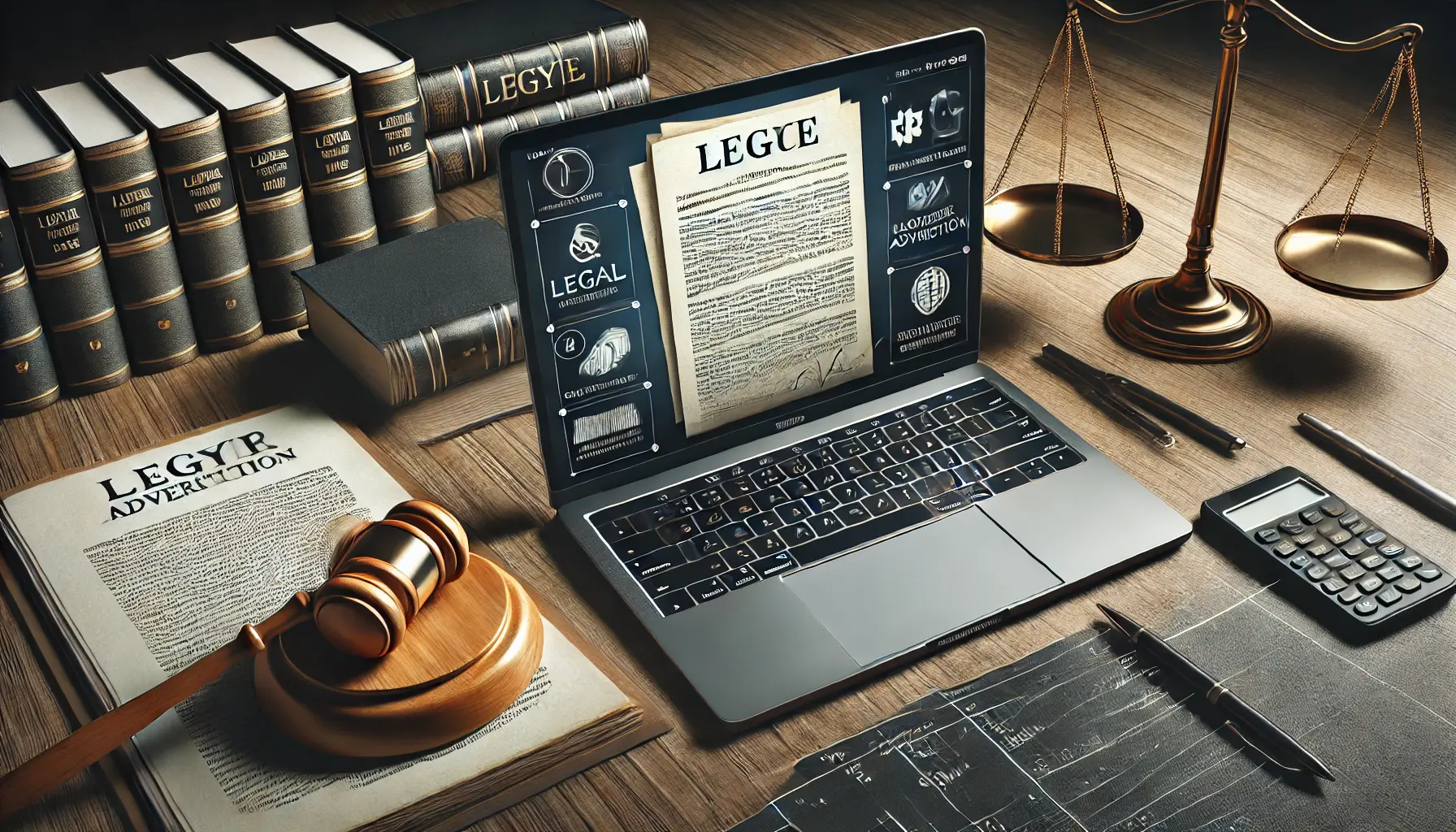 A professional office desk with a laptop displaying a legal document about state-specific regulations for lawyer advertising, surrounded by legal books, a gavel, and a coffee cup.