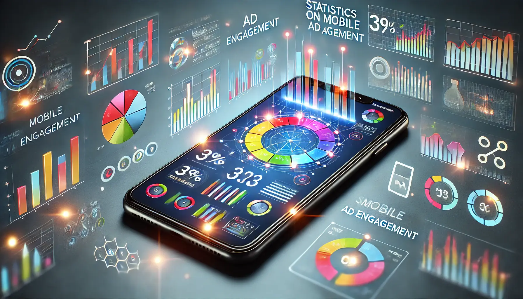 A smartphone displaying colorful charts and data visualizations surrounded by icons symbolizing mobile ad engagement.