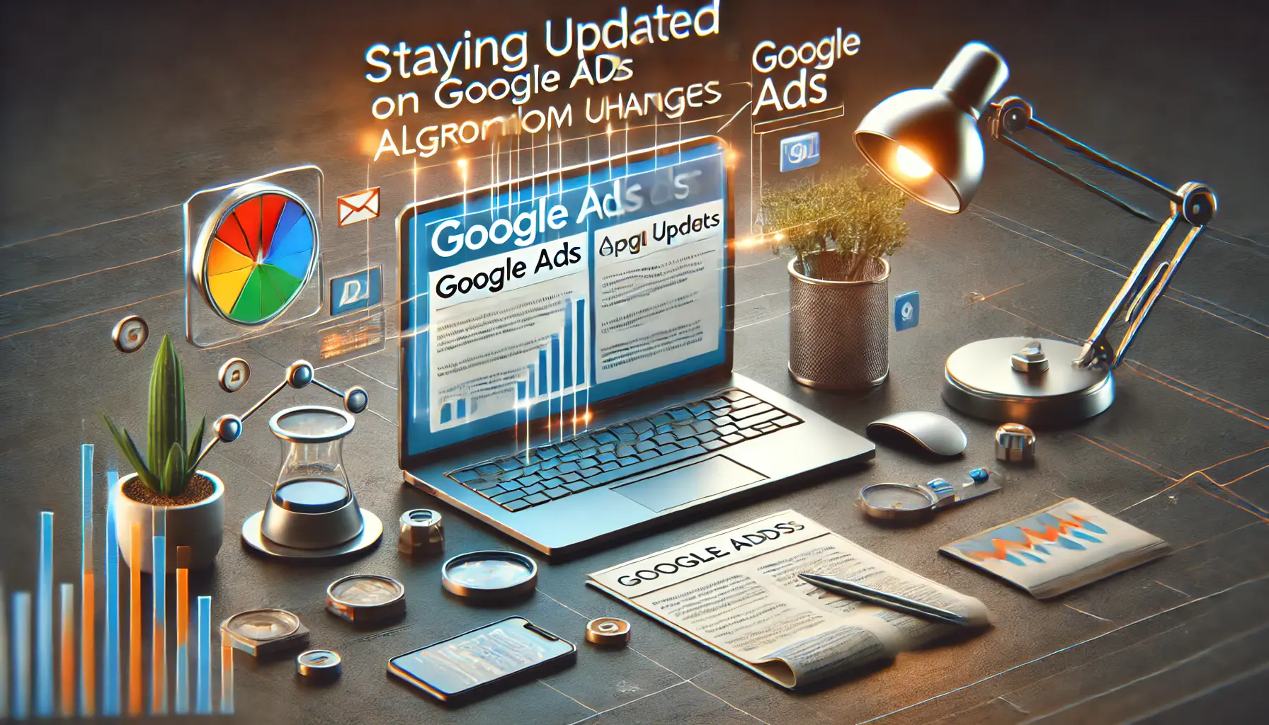 A digital marketing workspace with a computer screen displaying Google Ads updates and algorithm changes, surrounded by a news feed, tech gadgets, and a notepad with notes on algorithm changes.