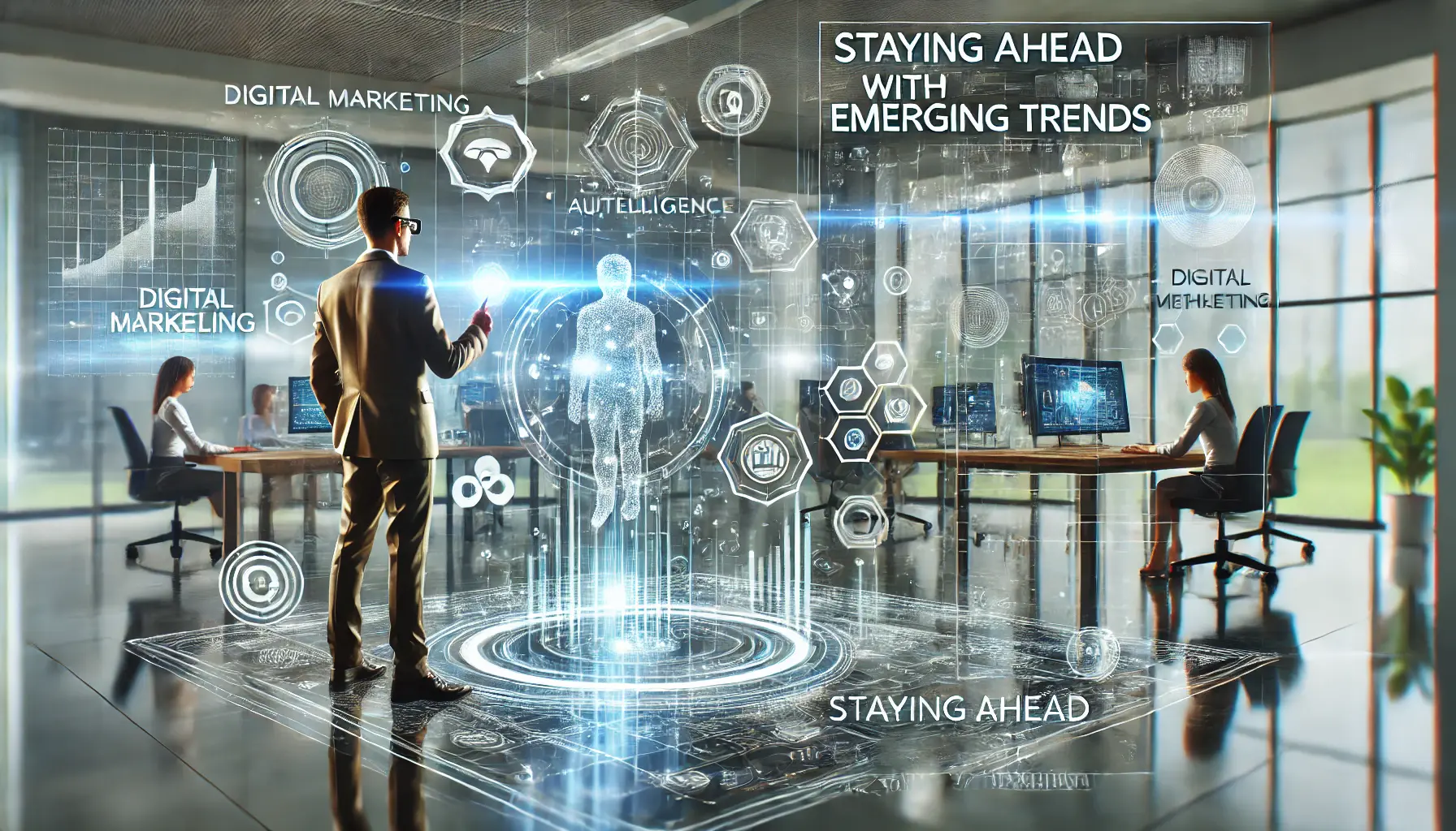 A digital marketing professional interacting with futuristic technology such as augmented reality (AR), AI, and data visualization tools.