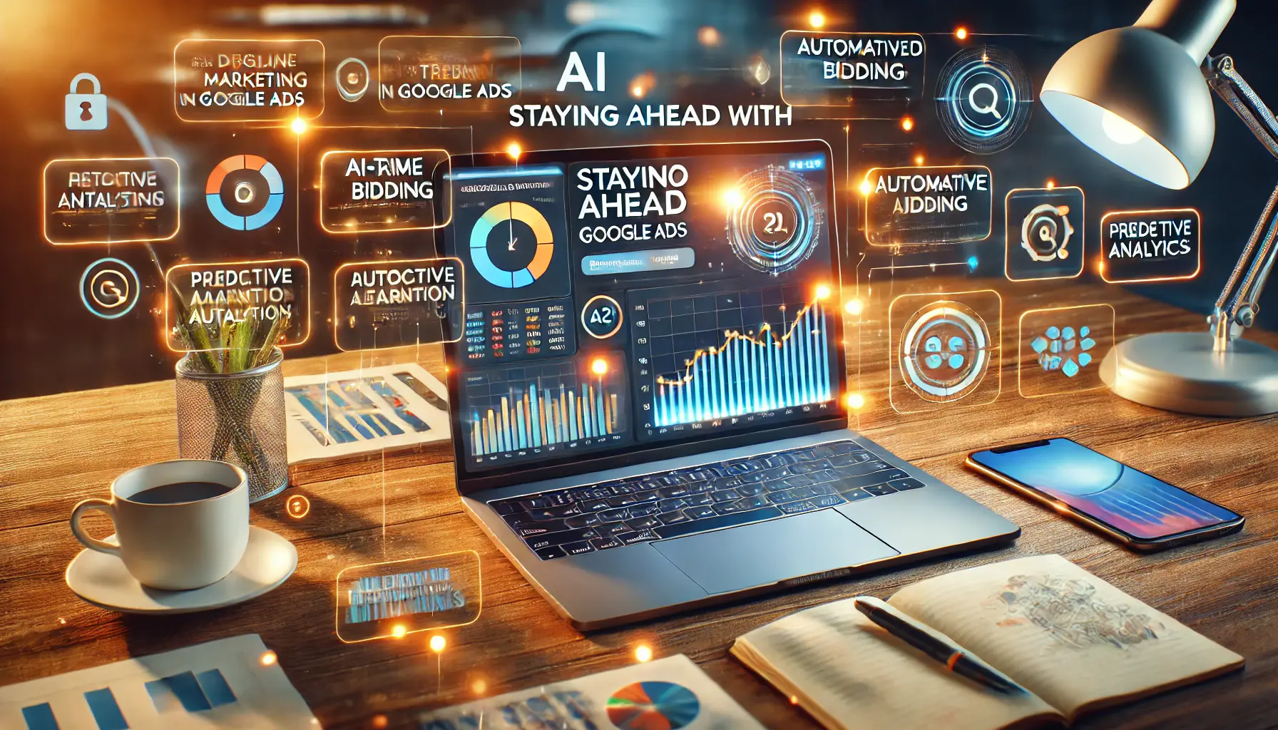 A digital marketing workspace showing a laptop with a dashboard displaying real-time performance data, predictive analytics, and AI-driven trends.