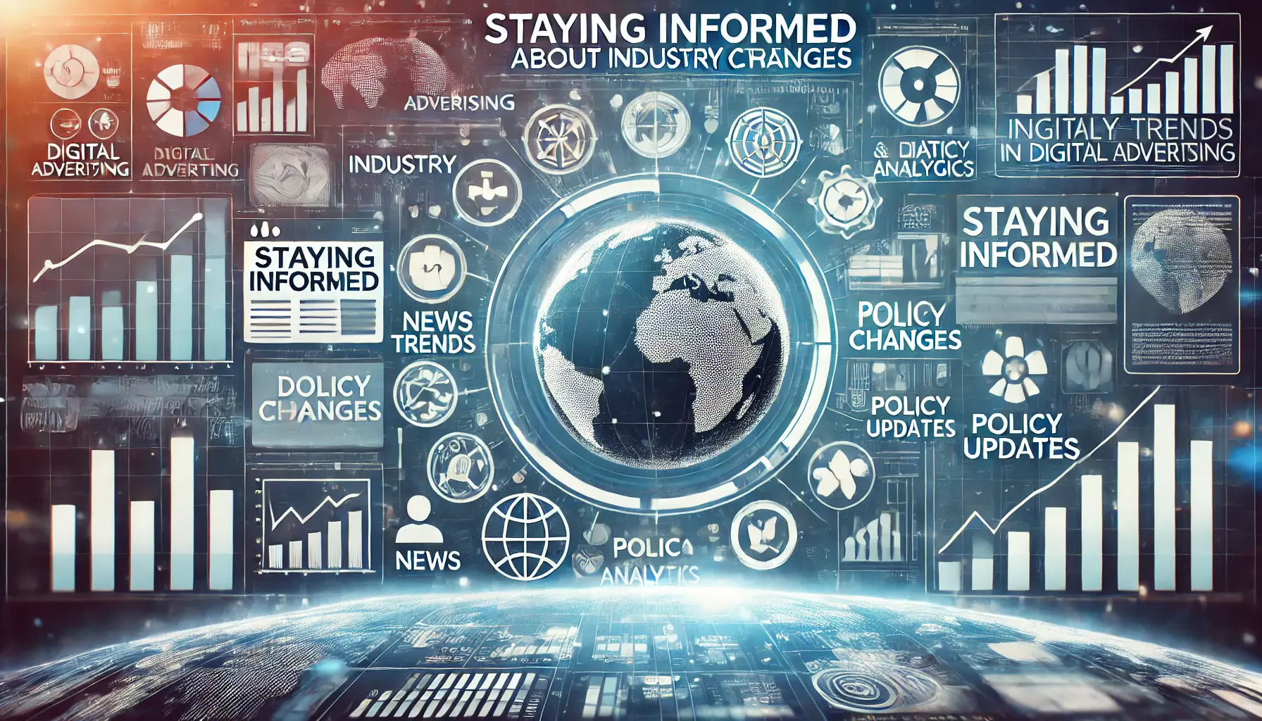 An image representing staying informed about industry trends and policy changes in digital advertising, featuring a digital interface with news feeds and updates.