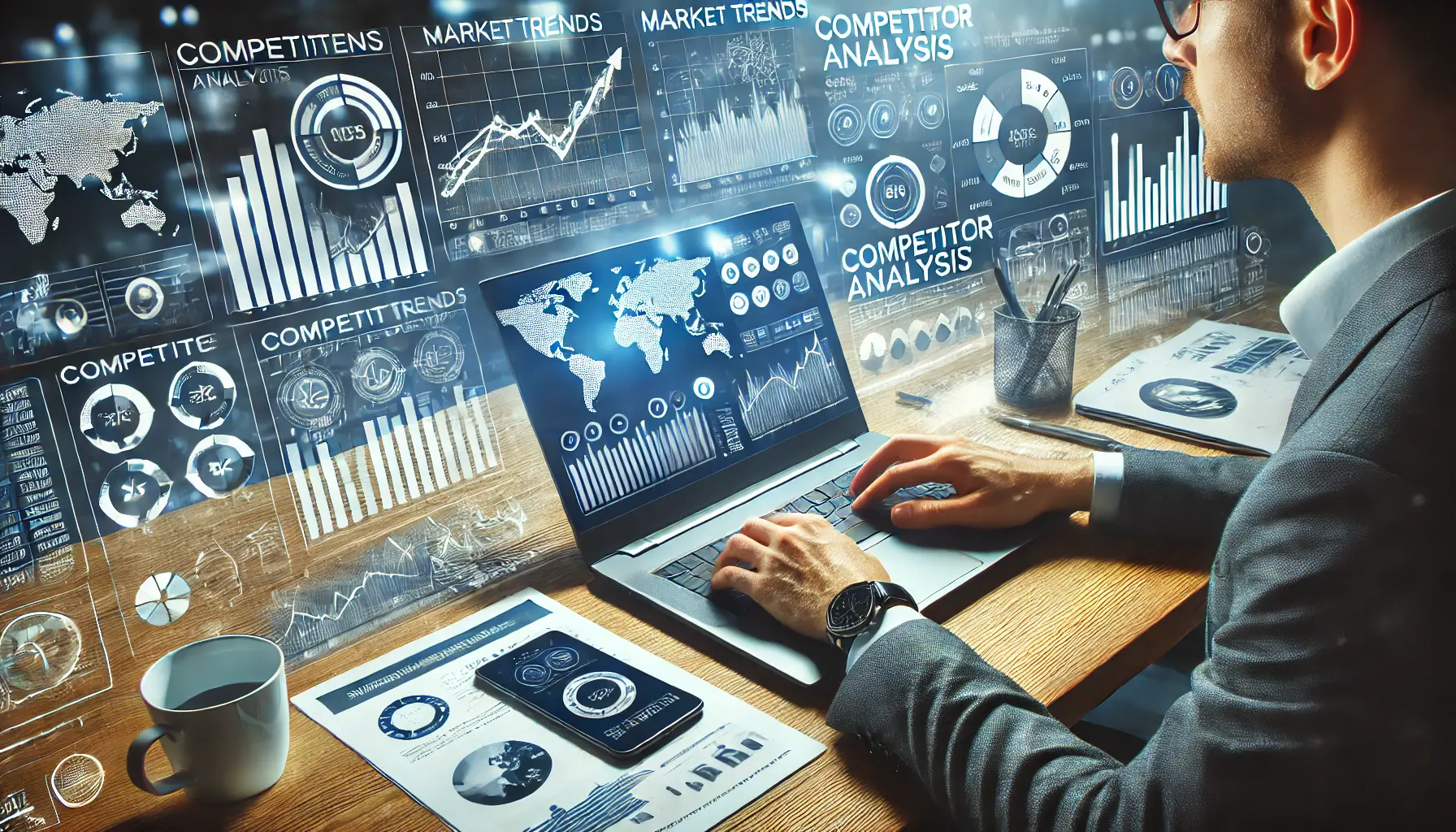 A marketing professional analyzing competitor strategies and market trends on a laptop, with research papers and digital dashboards in the background.