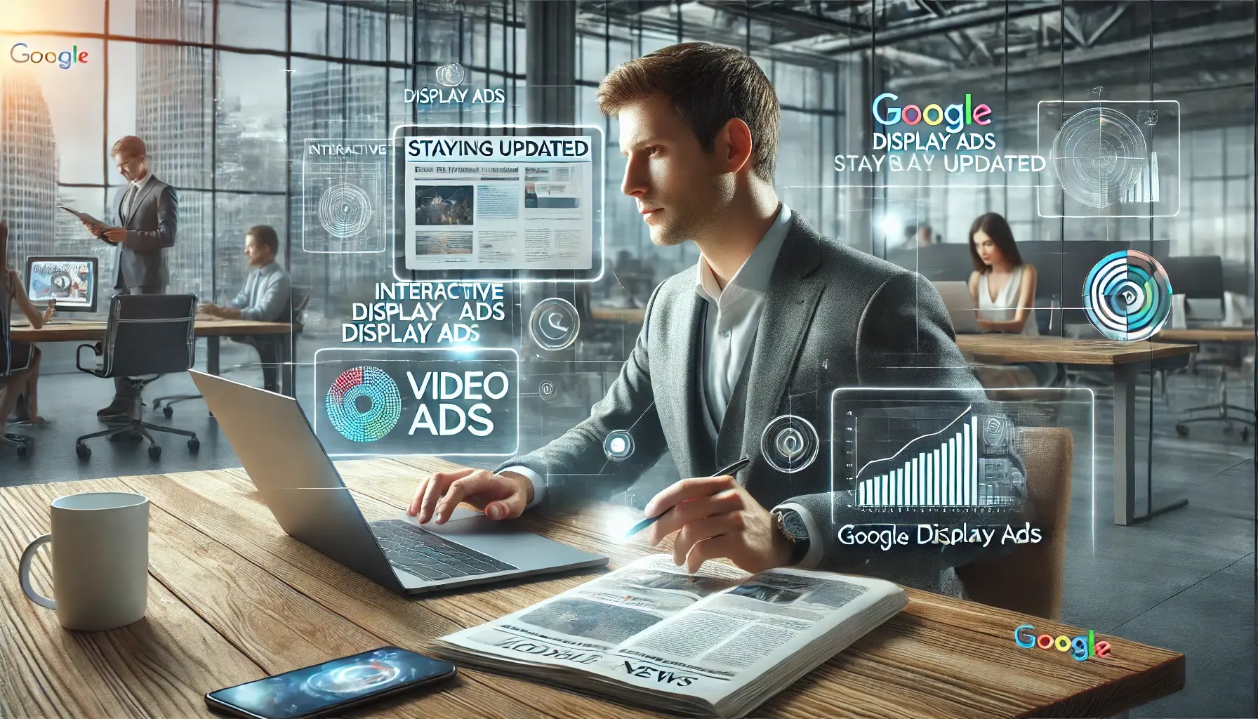 An image of a professional staying updated on Google Display Ad trends, engaging with online content on laptops, tablets, and smartphones.