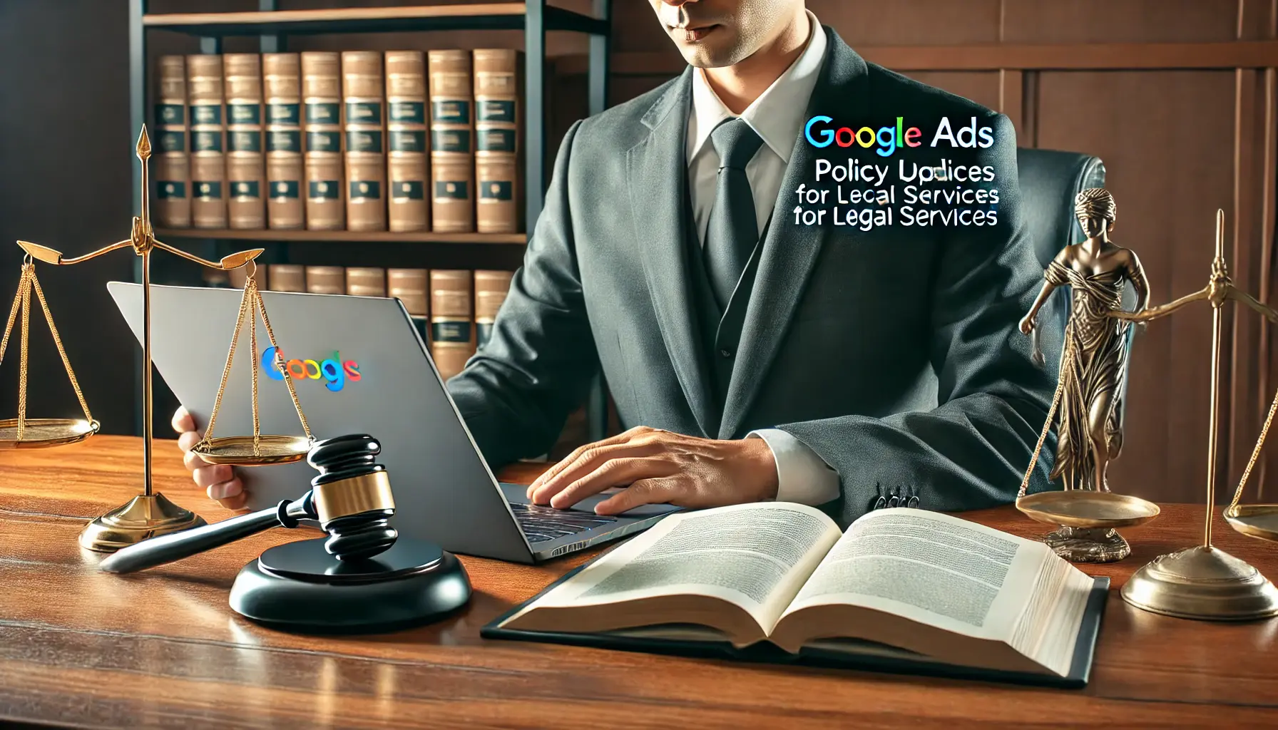 Illustration of a lawyer reading Google Ads policy updates on a laptop in a legal office setting, with law books and a gavel in the background.