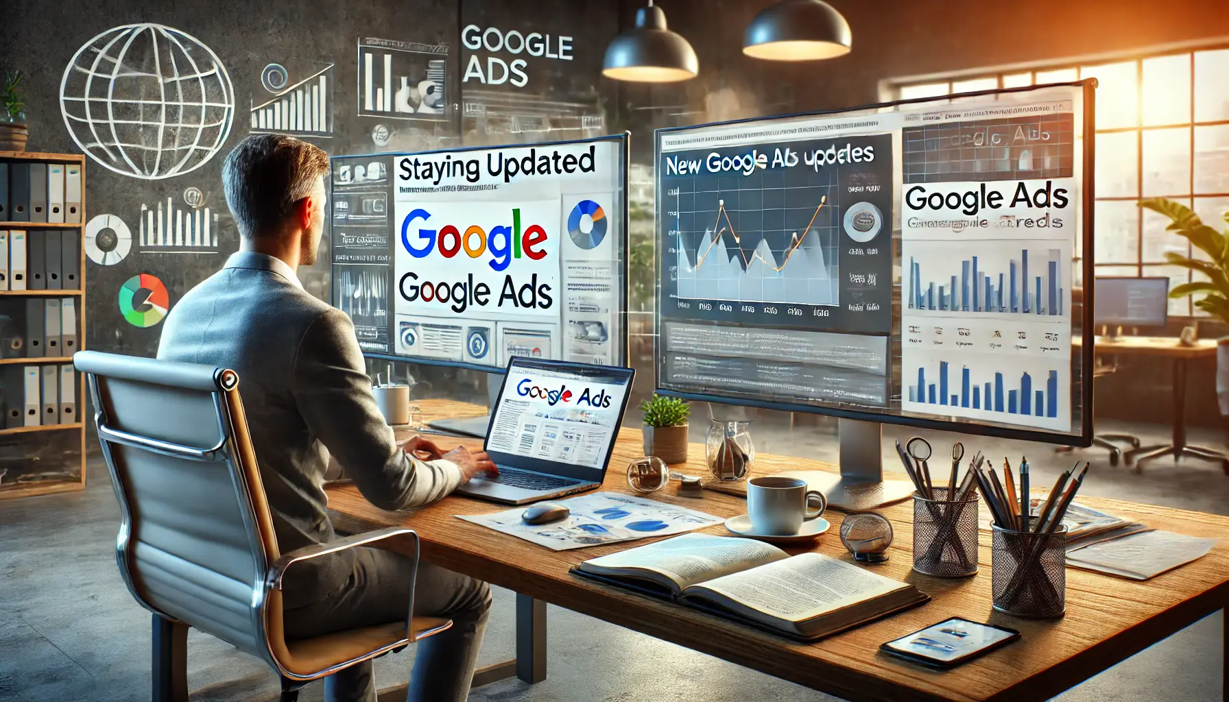 A digital marketer reading industry news on a laptop while analyzing Google Ads updates on a second monitor, reflecting the process of staying updated with trends.