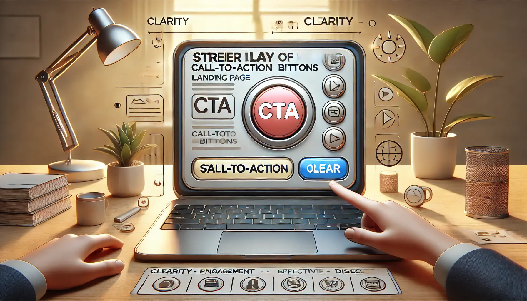 A laptop displaying a poorly designed CTA button compared to a clear and engaging CTA button on another laptop.