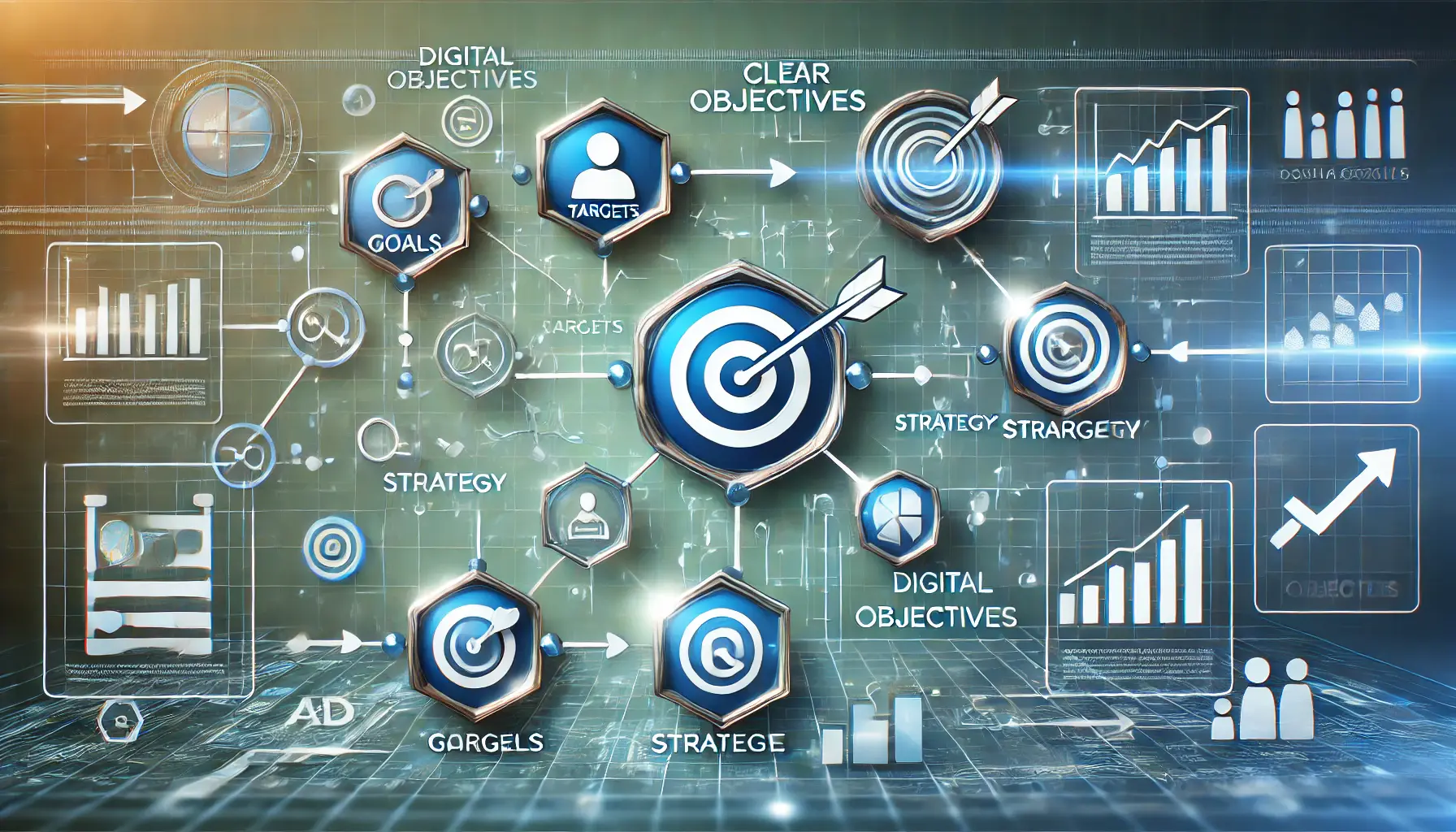 Image showing the process of setting clear objectives for ad sequencing with icons of goals, targets, and strategy.