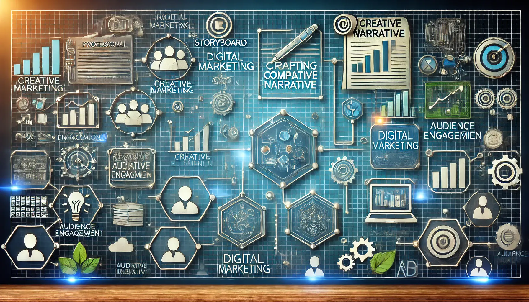 Image illustrating the process of crafting a compelling narrative for ads, with icons of storyboards, creative elements, and audience engagement.