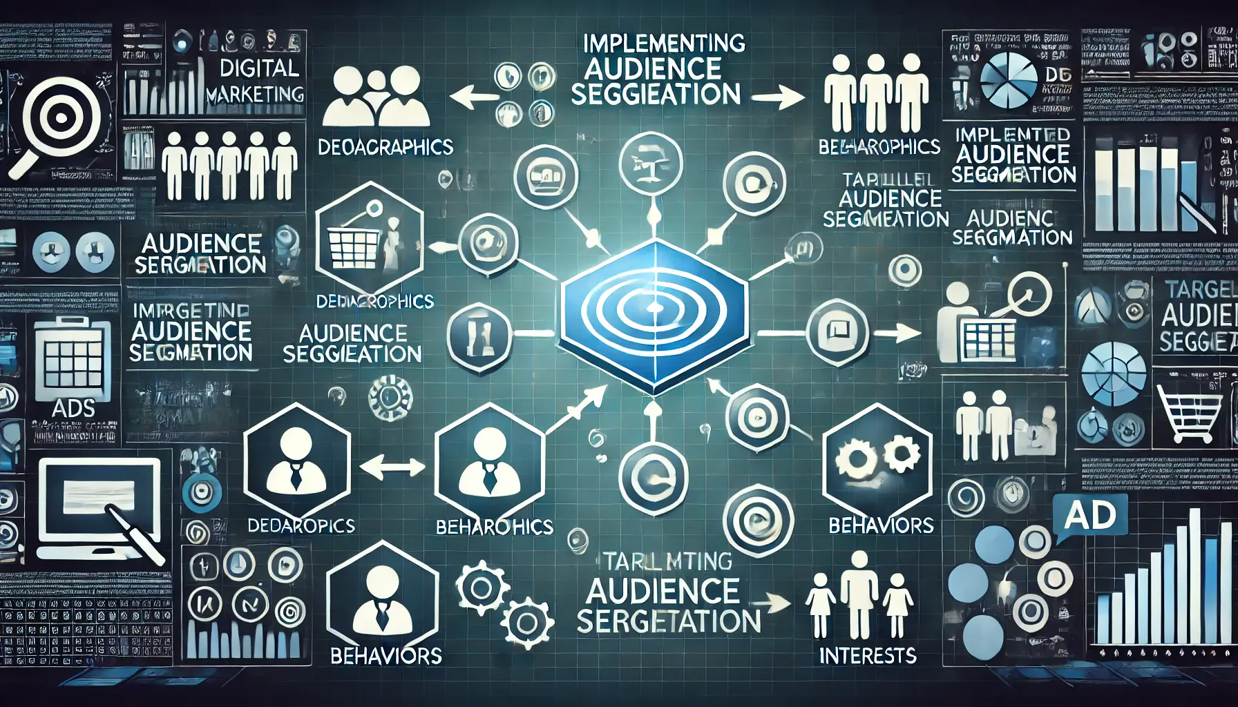 Image illustrating the process of audience segmentation with distinct icons representing demographics, behaviors, and interests.