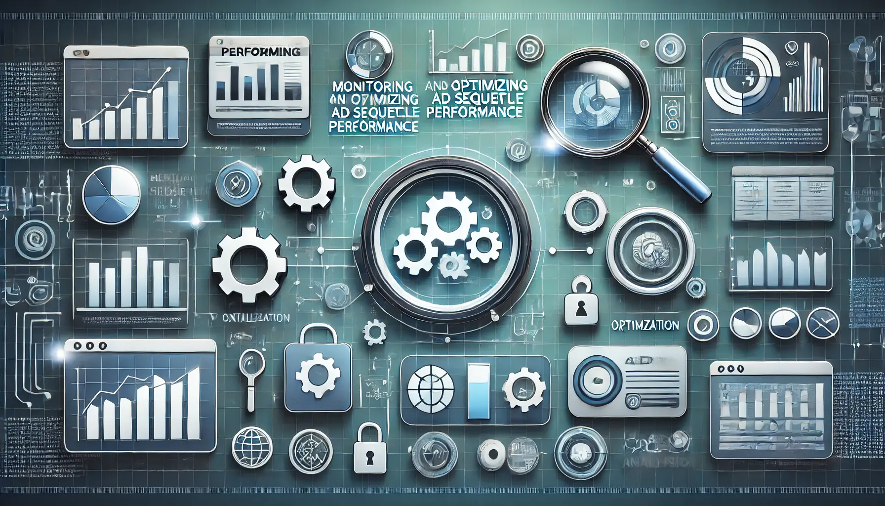 Image representing monitoring and optimizing ad sequence performance, with icons of performance metrics, charts, and analytics tools.