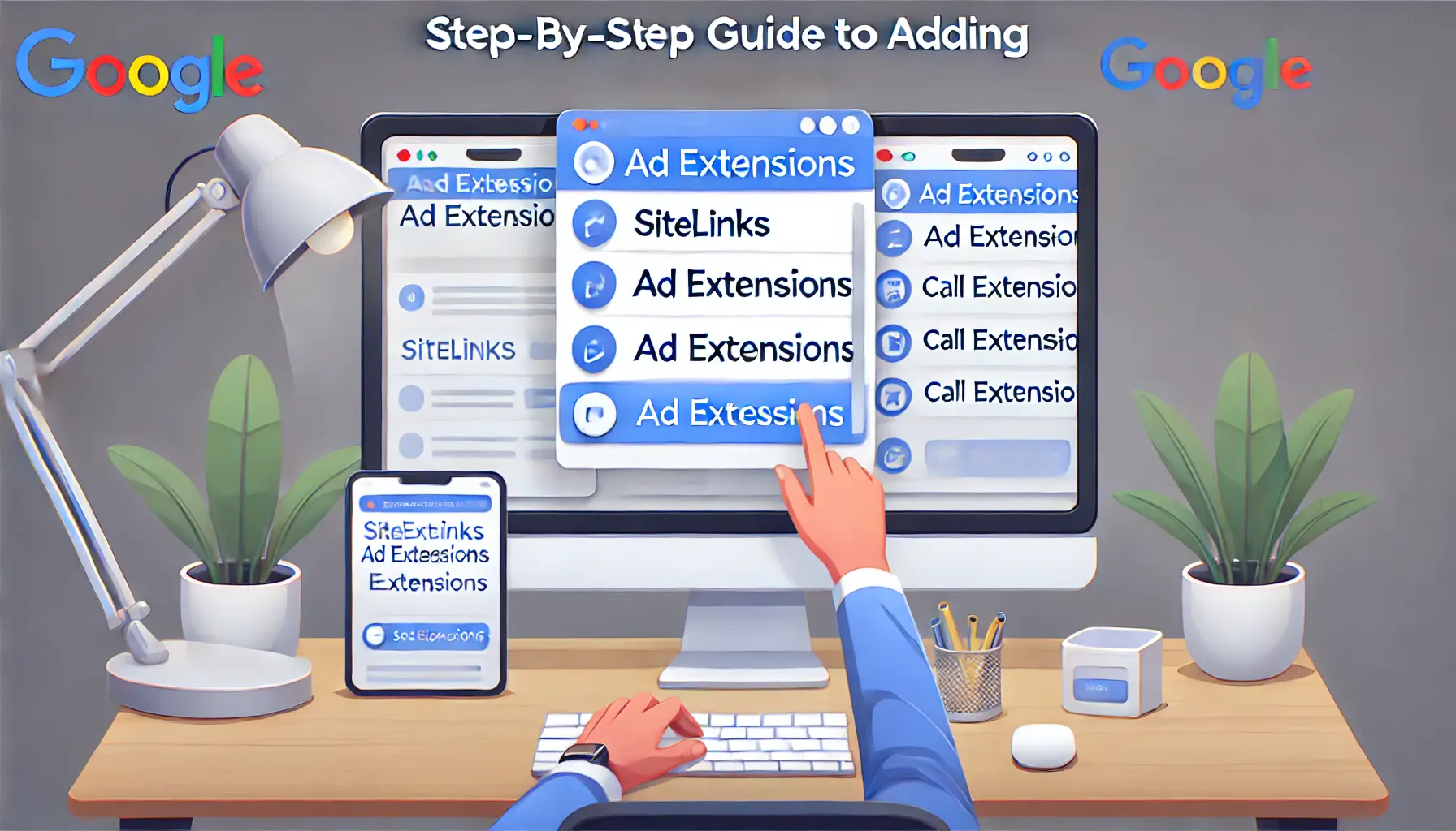 A digital marketing professional following a step-by-step guide on a computer, adding ad extensions to a Google Display Campaign.